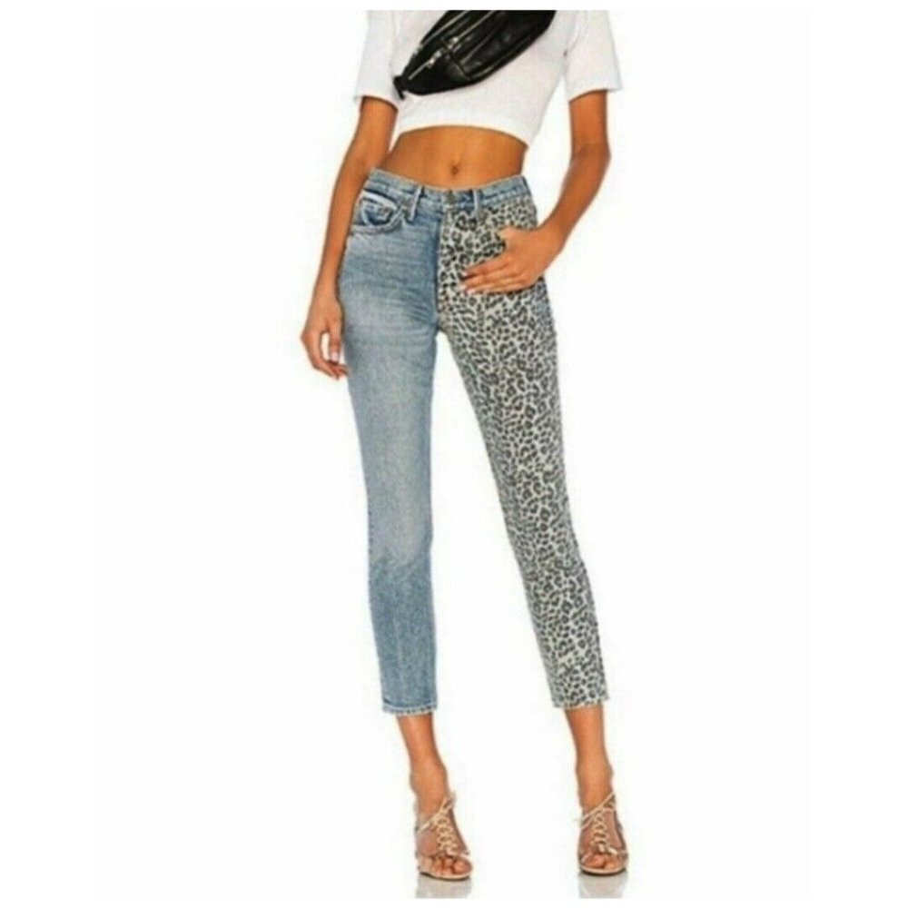 GRLFRND Jeans Size 26 High Rise Karolina Tom Cat Split Jeans Button Fly Cheetah